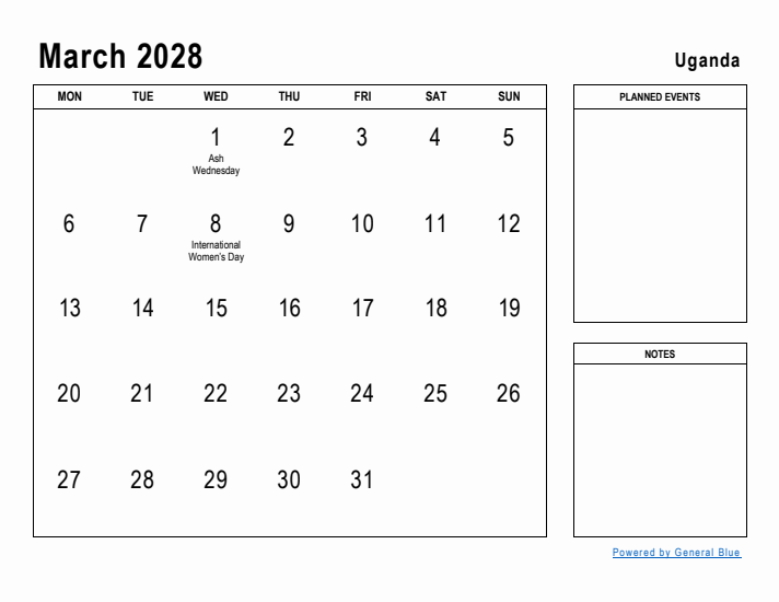 March 2028 Printable Monthly Calendar with Uganda Holidays