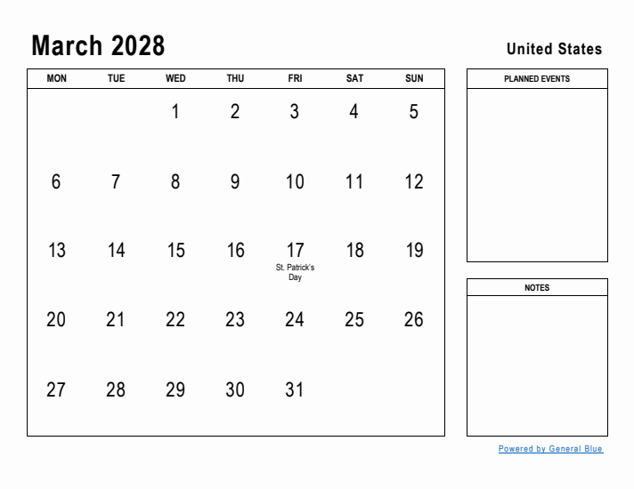 March 2028 Printable Monthly Calendar with United States Holidays