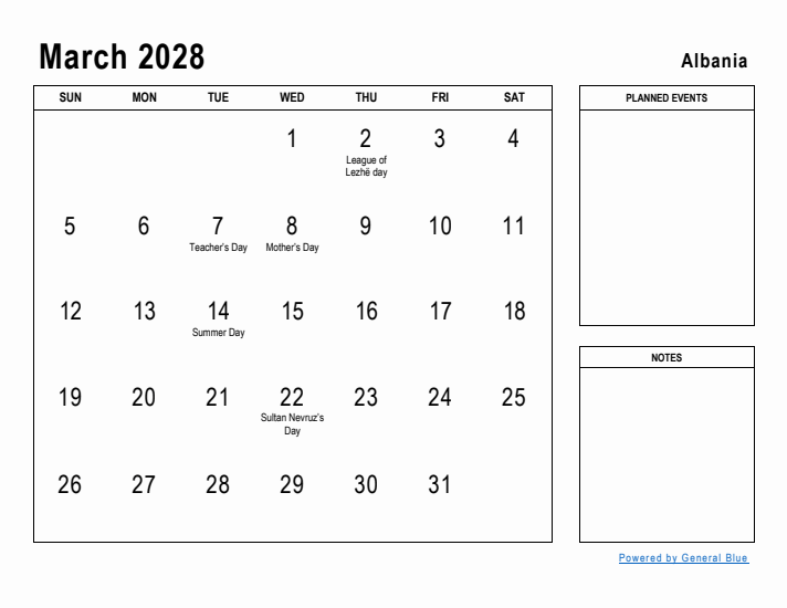 March 2028 Printable Monthly Calendar with Albania Holidays