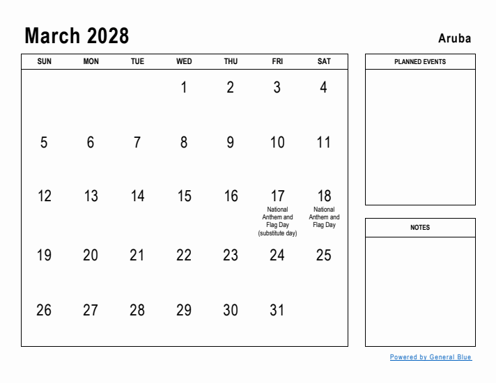 March 2028 Printable Monthly Calendar with Aruba Holidays