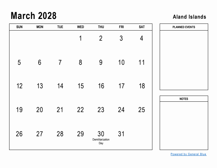 March 2028 Printable Monthly Calendar with Aland Islands Holidays