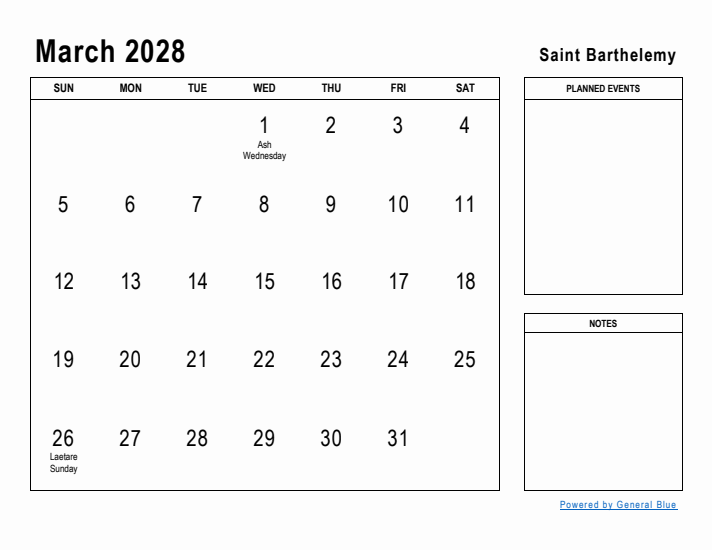 March 2028 Printable Monthly Calendar with Saint Barthelemy Holidays