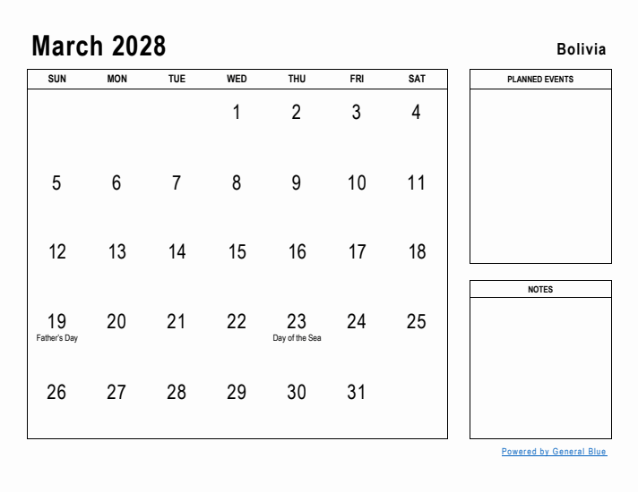 March 2028 Printable Monthly Calendar with Bolivia Holidays