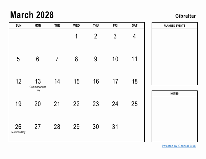 March 2028 Printable Monthly Calendar with Gibraltar Holidays