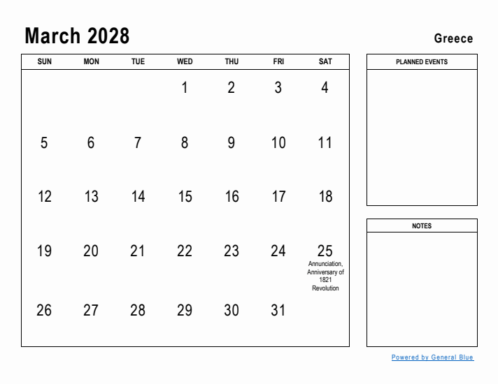 March 2028 Printable Monthly Calendar with Greece Holidays