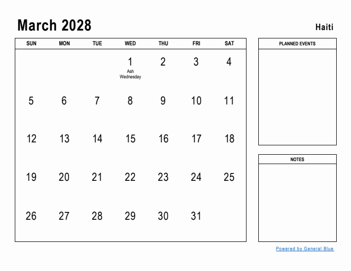 March 2028 Printable Monthly Calendar with Haiti Holidays