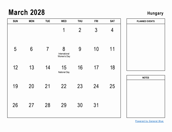 March 2028 Printable Monthly Calendar with Hungary Holidays