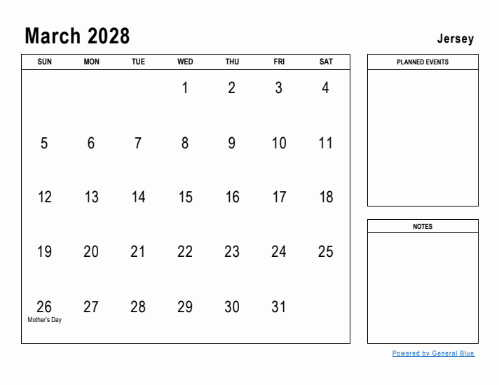 March 2028 Printable Monthly Calendar with Jersey Holidays