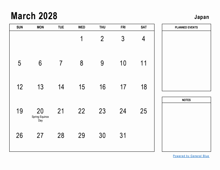 March 2028 Printable Monthly Calendar with Japan Holidays