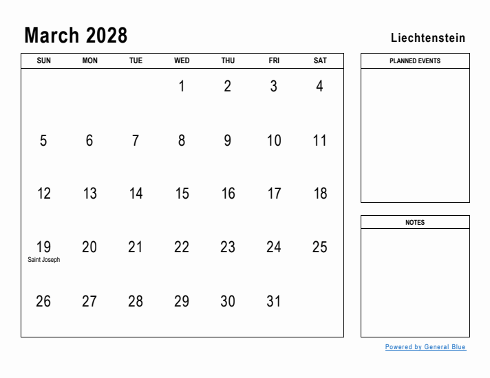 March 2028 Printable Monthly Calendar with Liechtenstein Holidays