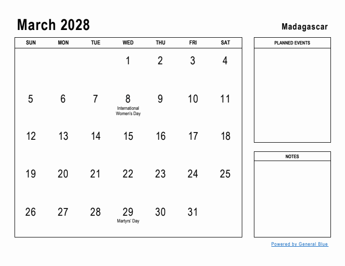 March 2028 Printable Monthly Calendar with Madagascar Holidays