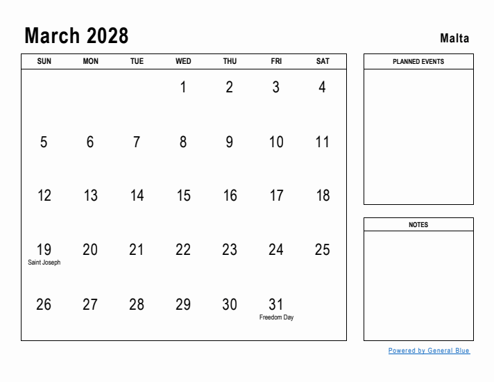 March 2028 Printable Monthly Calendar with Malta Holidays