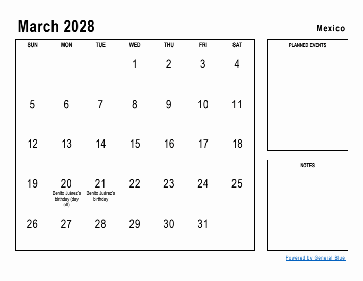 March 2028 Printable Monthly Calendar with Mexico Holidays