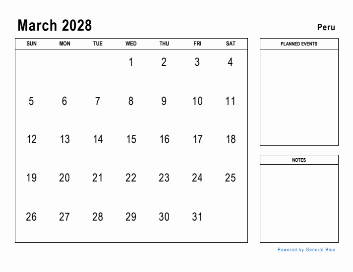 March 2028 Printable Monthly Calendar with Peru Holidays