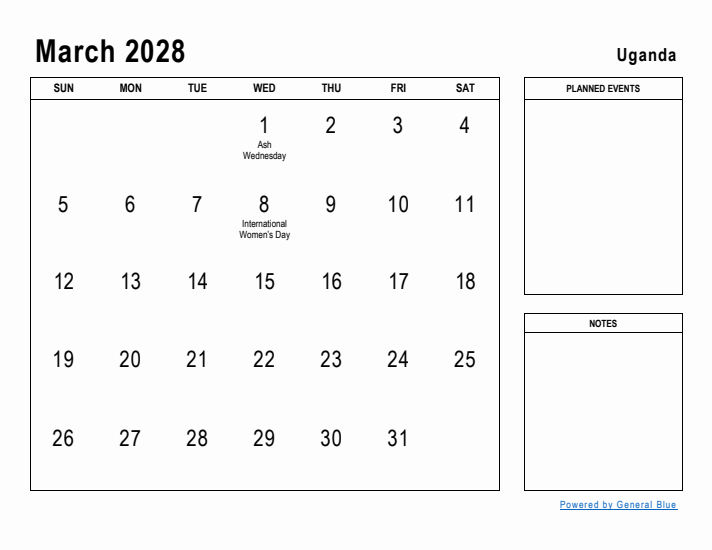 March 2028 Printable Monthly Calendar with Uganda Holidays