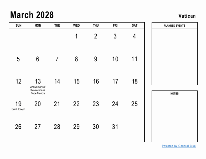 March 2028 Printable Monthly Calendar with Vatican Holidays