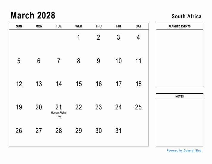 March 2028 Printable Monthly Calendar with South Africa Holidays