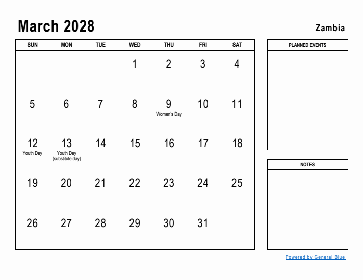 March 2028 Printable Monthly Calendar with Zambia Holidays