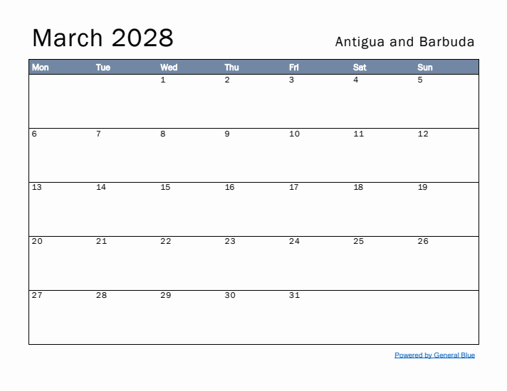 March 2028 Simple Monthly Calendar for Antigua and Barbuda