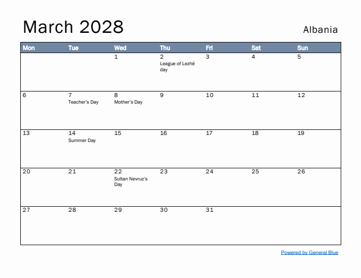 March 2028 Simple Monthly Calendar for Albania