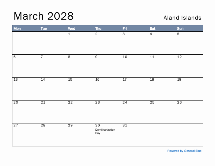 March 2028 Simple Monthly Calendar for Aland Islands