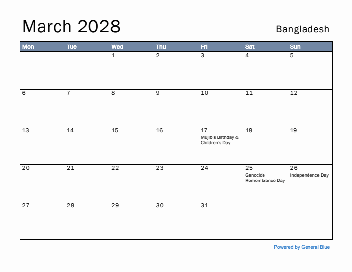 March 2028 Simple Monthly Calendar for Bangladesh