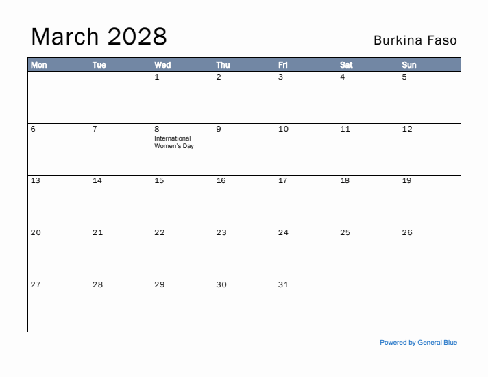 March 2028 Simple Monthly Calendar for Burkina Faso