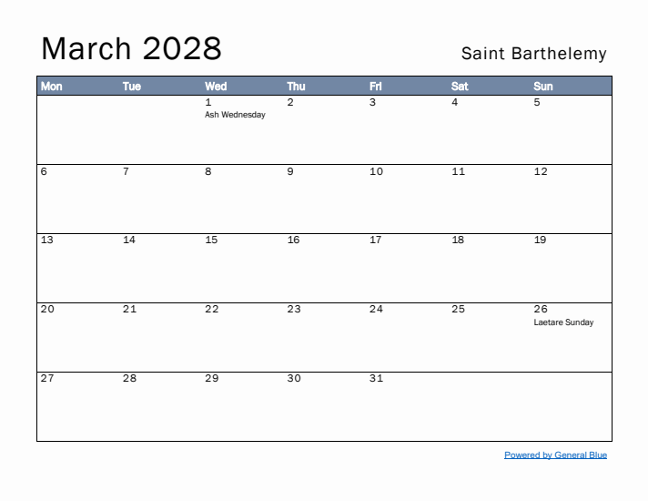 March 2028 Simple Monthly Calendar for Saint Barthelemy