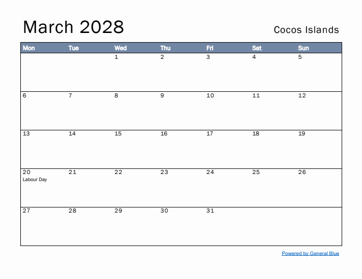 March 2028 Simple Monthly Calendar for Cocos Islands