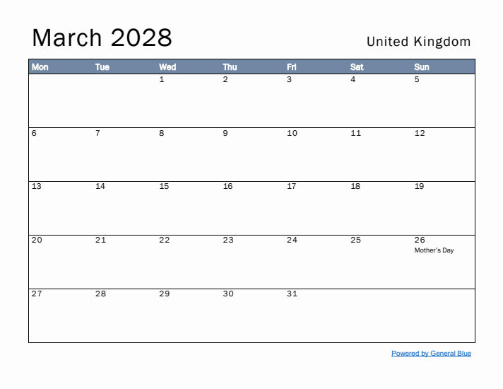 March 2028 Simple Monthly Calendar for United Kingdom