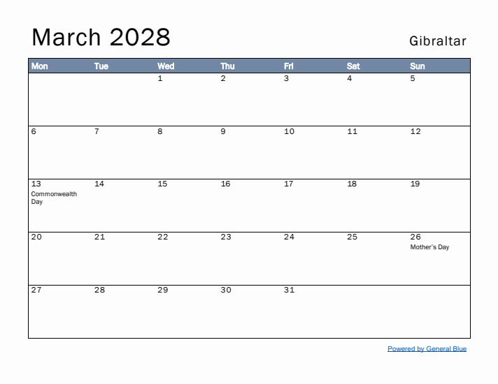 March 2028 Simple Monthly Calendar for Gibraltar