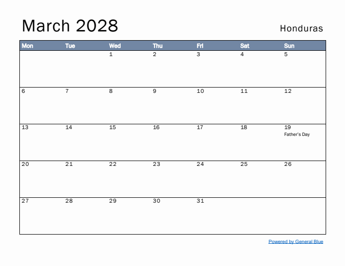 March 2028 Simple Monthly Calendar for Honduras