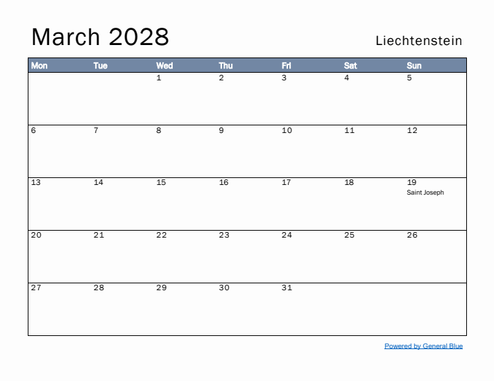 March 2028 Simple Monthly Calendar for Liechtenstein