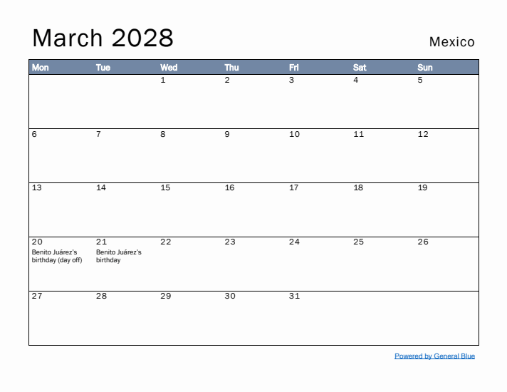 March 2028 Simple Monthly Calendar for Mexico