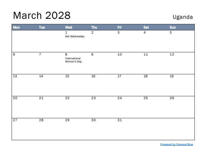 March 2028 Simple Monthly Calendar for Uganda