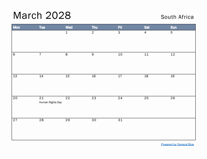 March 2028 Simple Monthly Calendar for South Africa