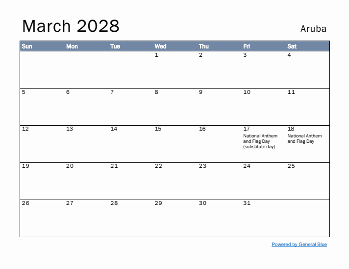 March 2028 Simple Monthly Calendar for Aruba