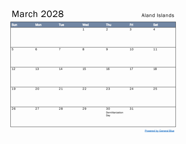 March 2028 Simple Monthly Calendar for Aland Islands