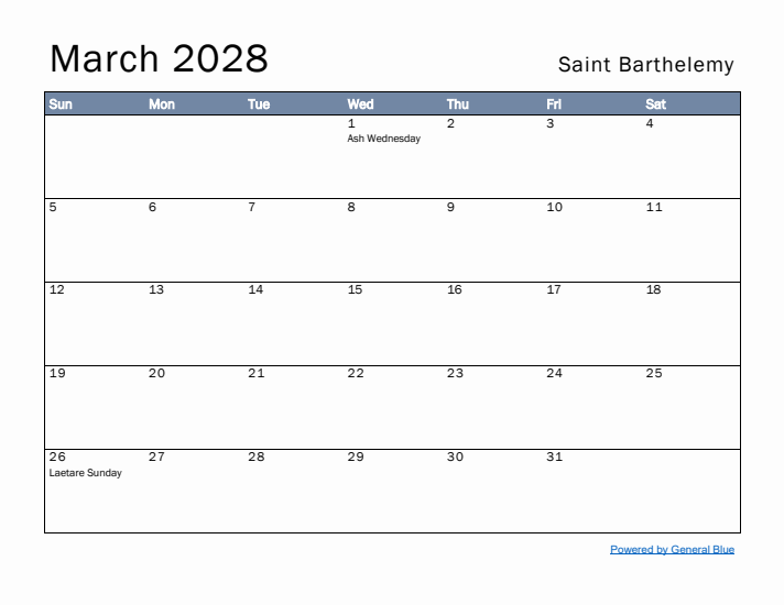 March 2028 Simple Monthly Calendar for Saint Barthelemy