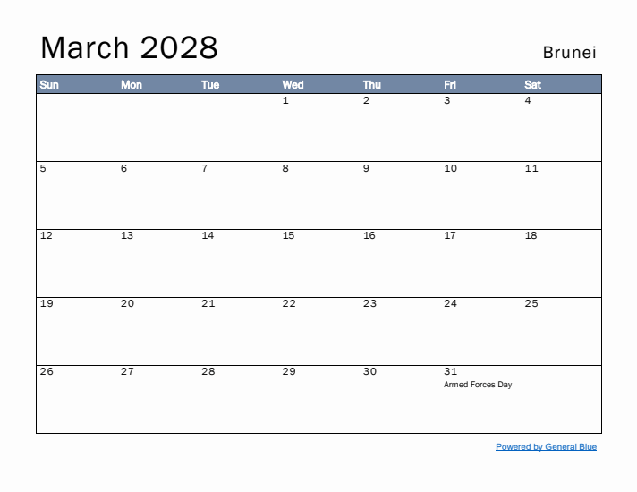 March 2028 Simple Monthly Calendar for Brunei