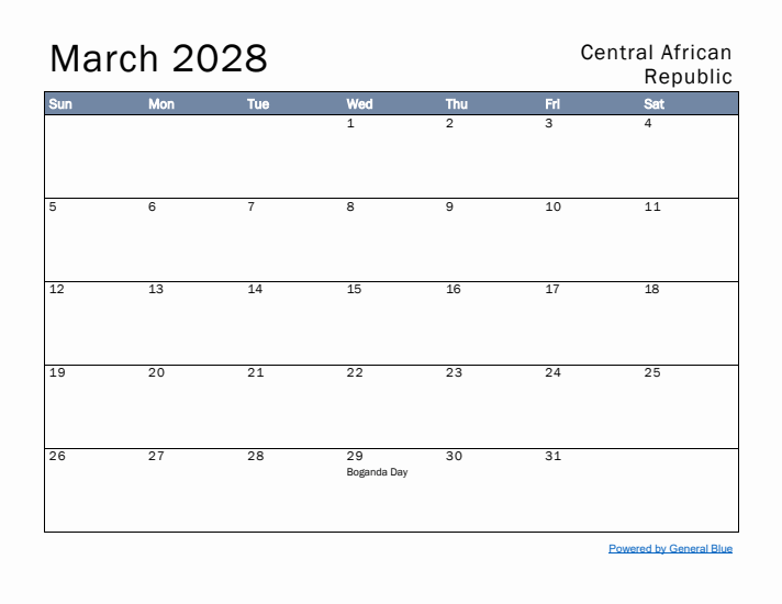 March 2028 Simple Monthly Calendar for Central African Republic