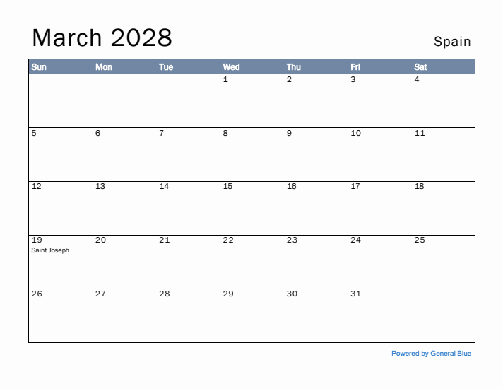 March 2028 Simple Monthly Calendar for Spain