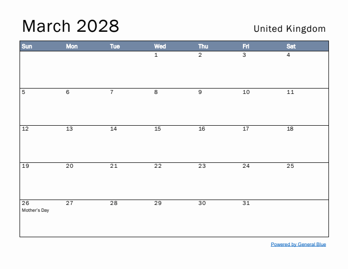 March 2028 Simple Monthly Calendar for United Kingdom