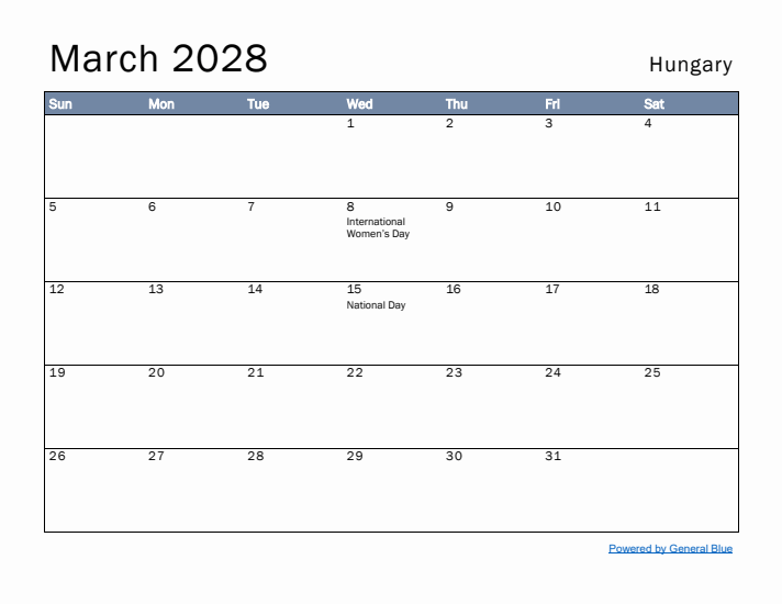 March 2028 Simple Monthly Calendar for Hungary