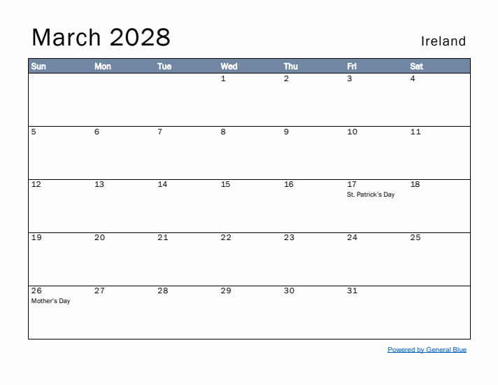 March 2028 Simple Monthly Calendar for Ireland