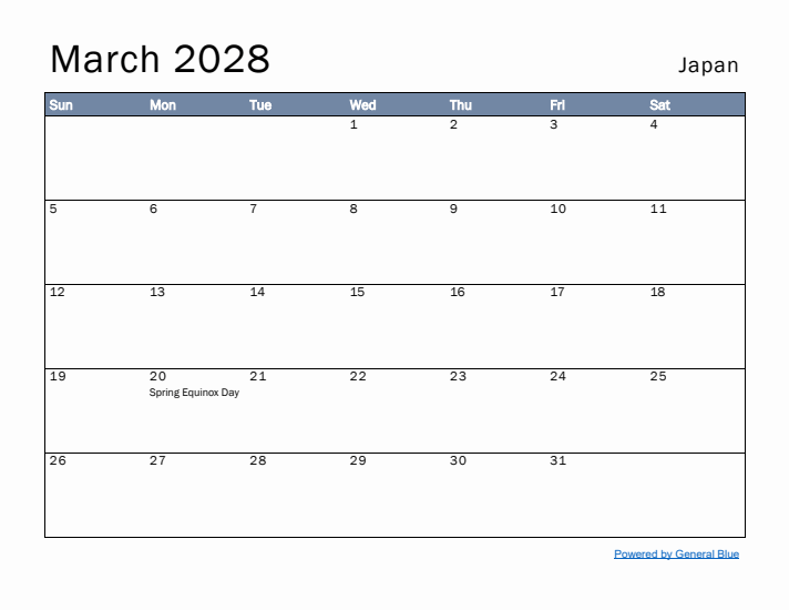 March 2028 Simple Monthly Calendar for Japan