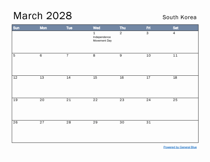 March 2028 Simple Monthly Calendar for South Korea