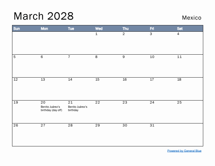 March 2028 Simple Monthly Calendar for Mexico