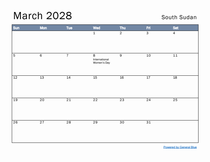 March 2028 Simple Monthly Calendar for South Sudan