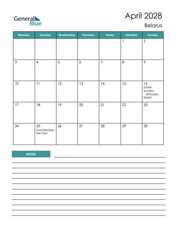 Calendar with Notes Printable - Monday Start